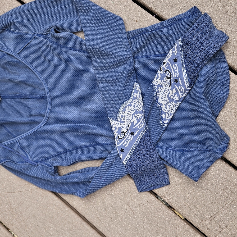 We The Free Blue Long Sleeve Thermal With Patterned Accents
